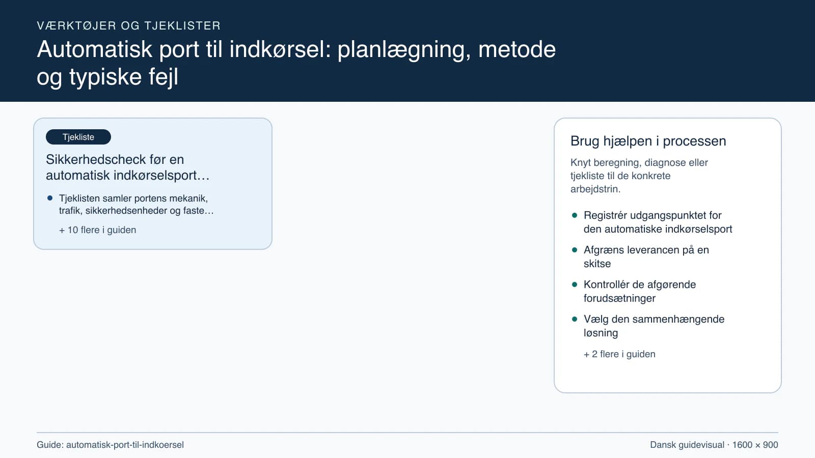Værktøjsoversigt til “Sikkerhedscheck før en automatisk indkørselsport bestilles”.