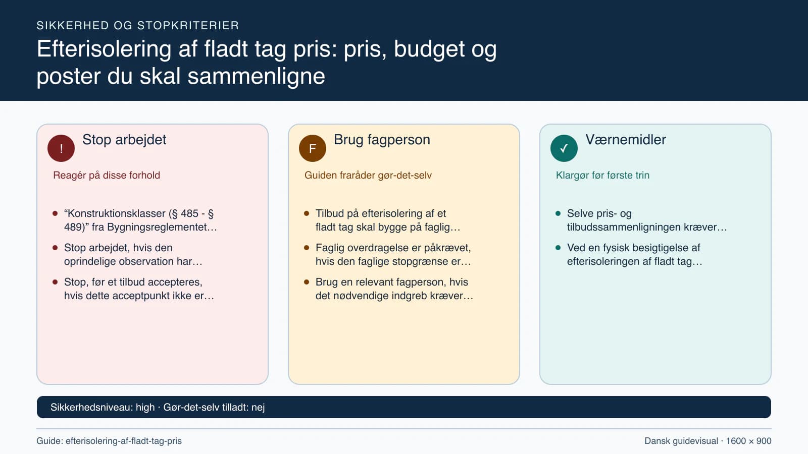 Sikkerhedsoversigt med stopkriterier, fagpersonopgaver og nødvendige værnemidler.