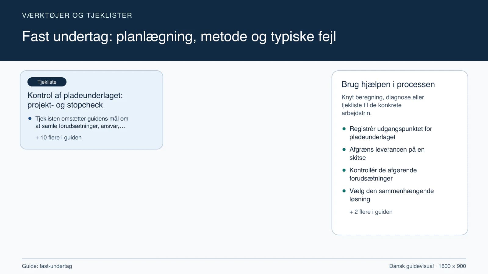Værktøjsoversigt til “Kontrol af pladeunderlaget: projekt- og stopcheck”.