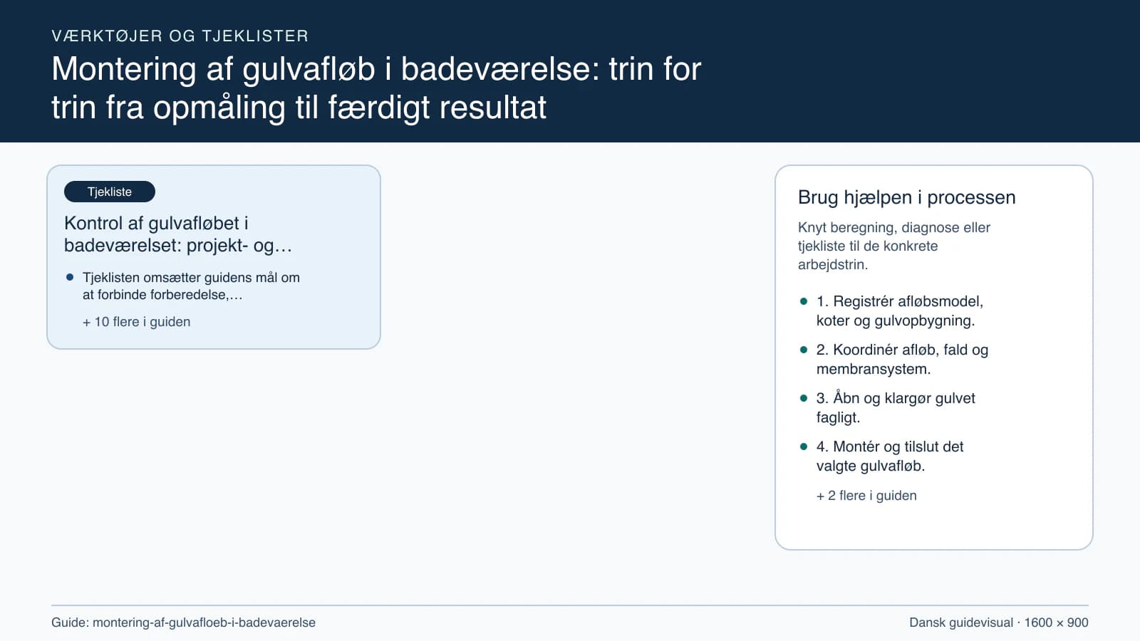 Værktøjsoversigt til “Kontrol af gulvafløbet i badeværelset: projekt- og stopcheck”.