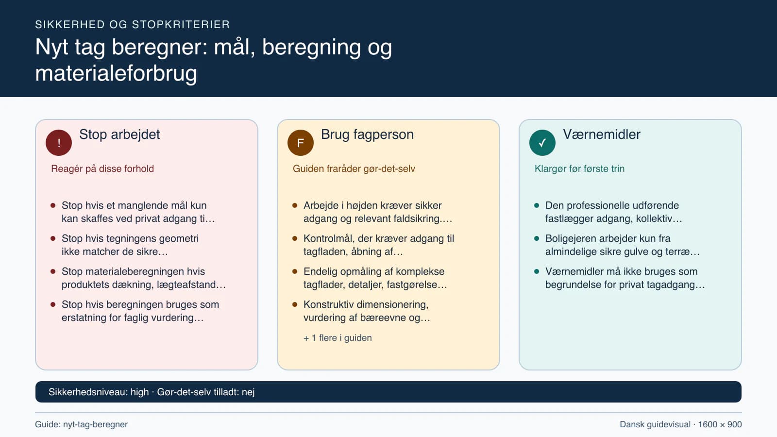 Sikkerhedsoversigt med stopkriterier, fagpersonopgaver og nødvendige værnemidler.