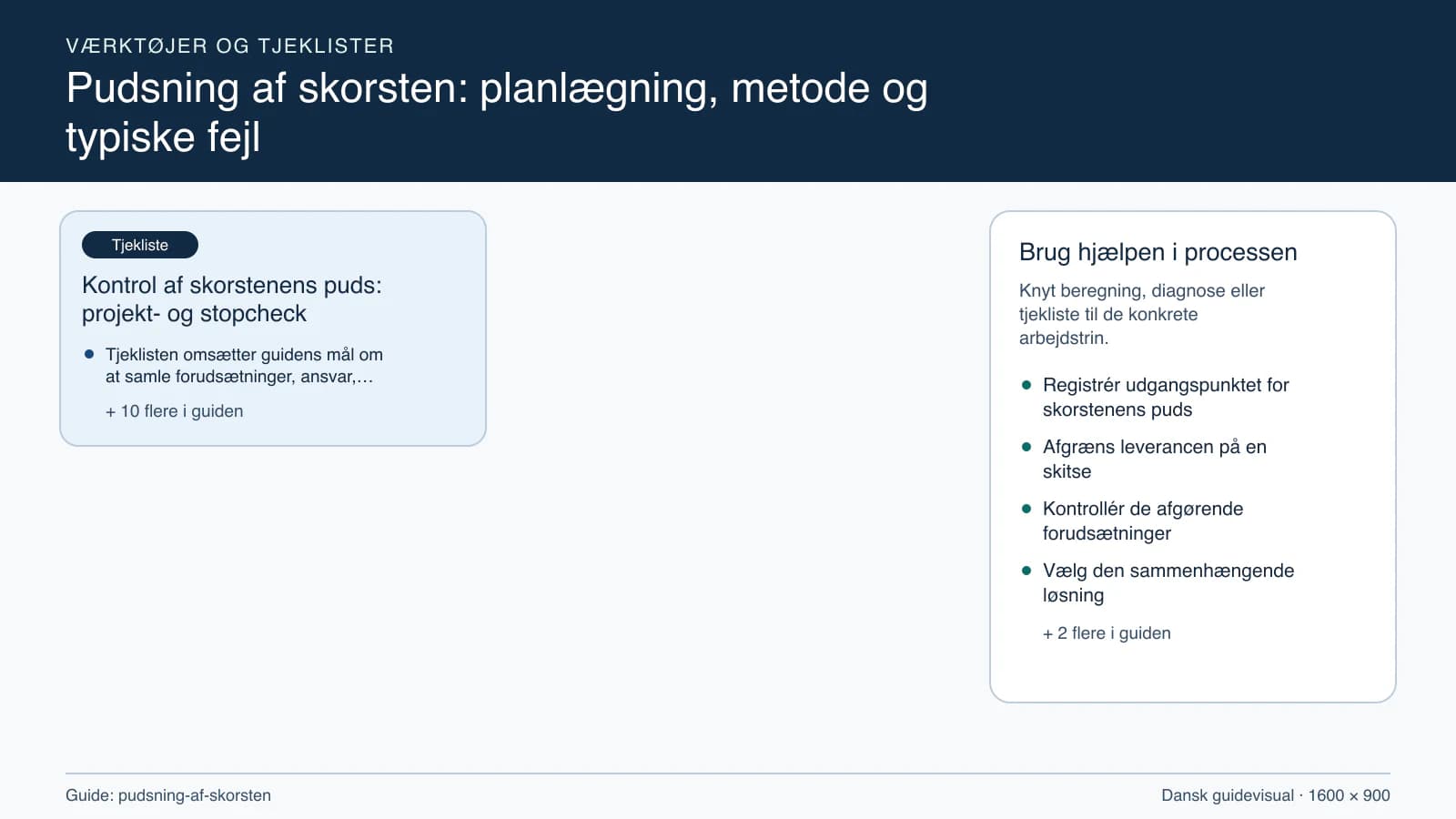 Værktøjsoversigt til “Kontrol af skorstenens puds: projekt- og stopcheck”.