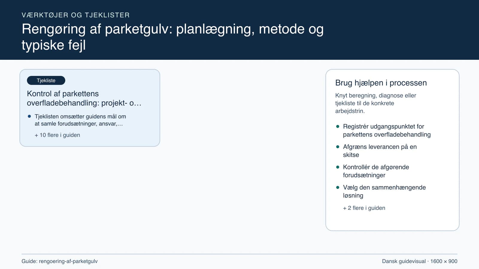 Værktøjsoversigt til “Kontrol af parkettens overfladebehandling: projekt- og stopcheck”.