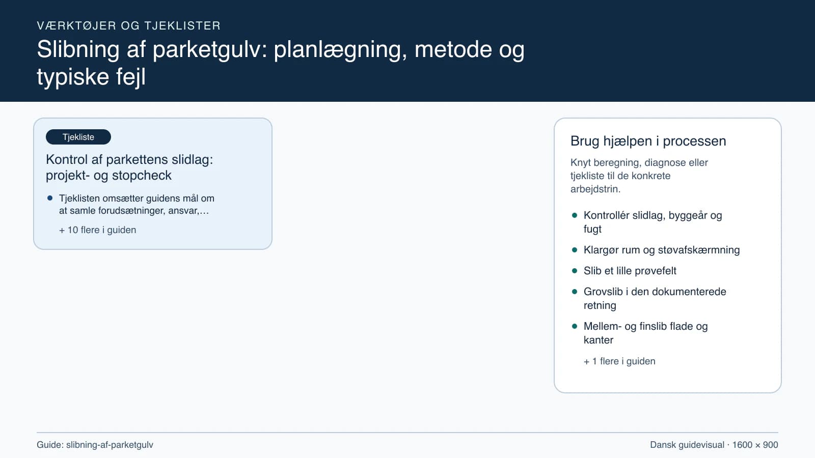 Værktøjsoversigt til “Kontrol af parkettens slidlag: projekt- og stopcheck”.