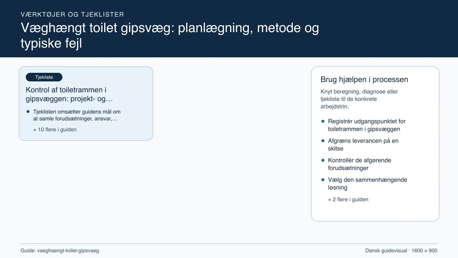 Værktøjsoversigt til “Kontrol af toiletrammen i gipsvæggen: projekt- og stopcheck”.