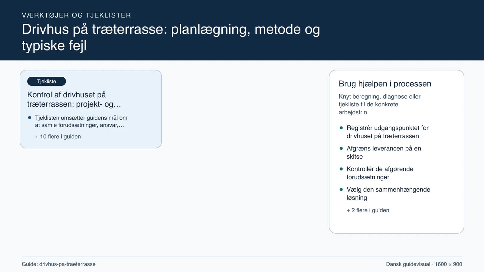 Værktøjsoversigt til “Kontrol af drivhuset på træterrassen: projekt- og stopcheck”.