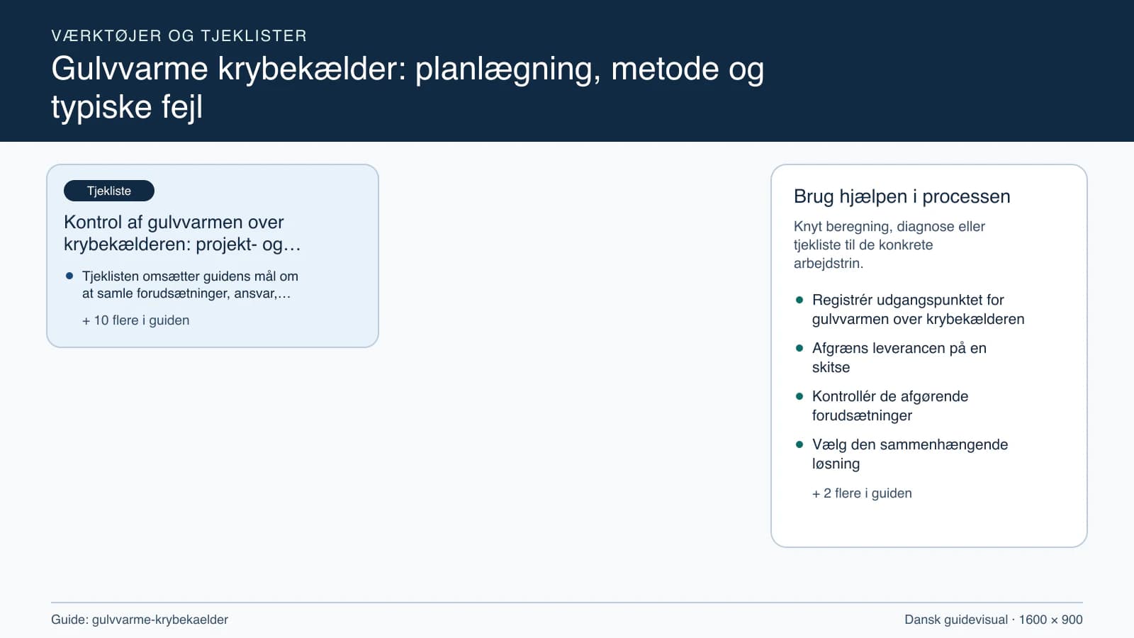Værktøjsoversigt til “Kontrol af gulvvarmen over krybekælderen: projekt- og stopcheck”.