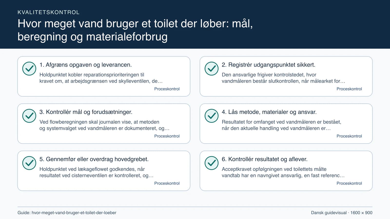 Kvalitetskontrol med checkpointet “Den ansvarlige frigiver kontrolstedet, hvor vandmåleren består slutkontrollen, når målearket for vandmåleren har placering, enhed, dato, metode og al…”.