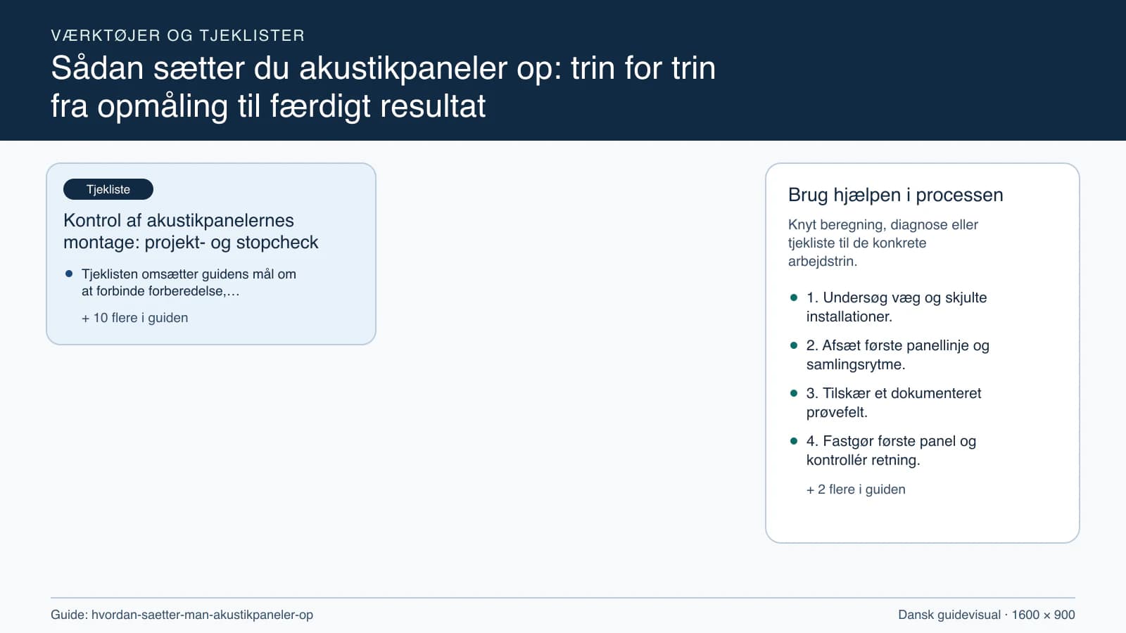 Værktøjsoversigt til “Kontrol af akustikpanelernes montage: projekt- og stopcheck”.
