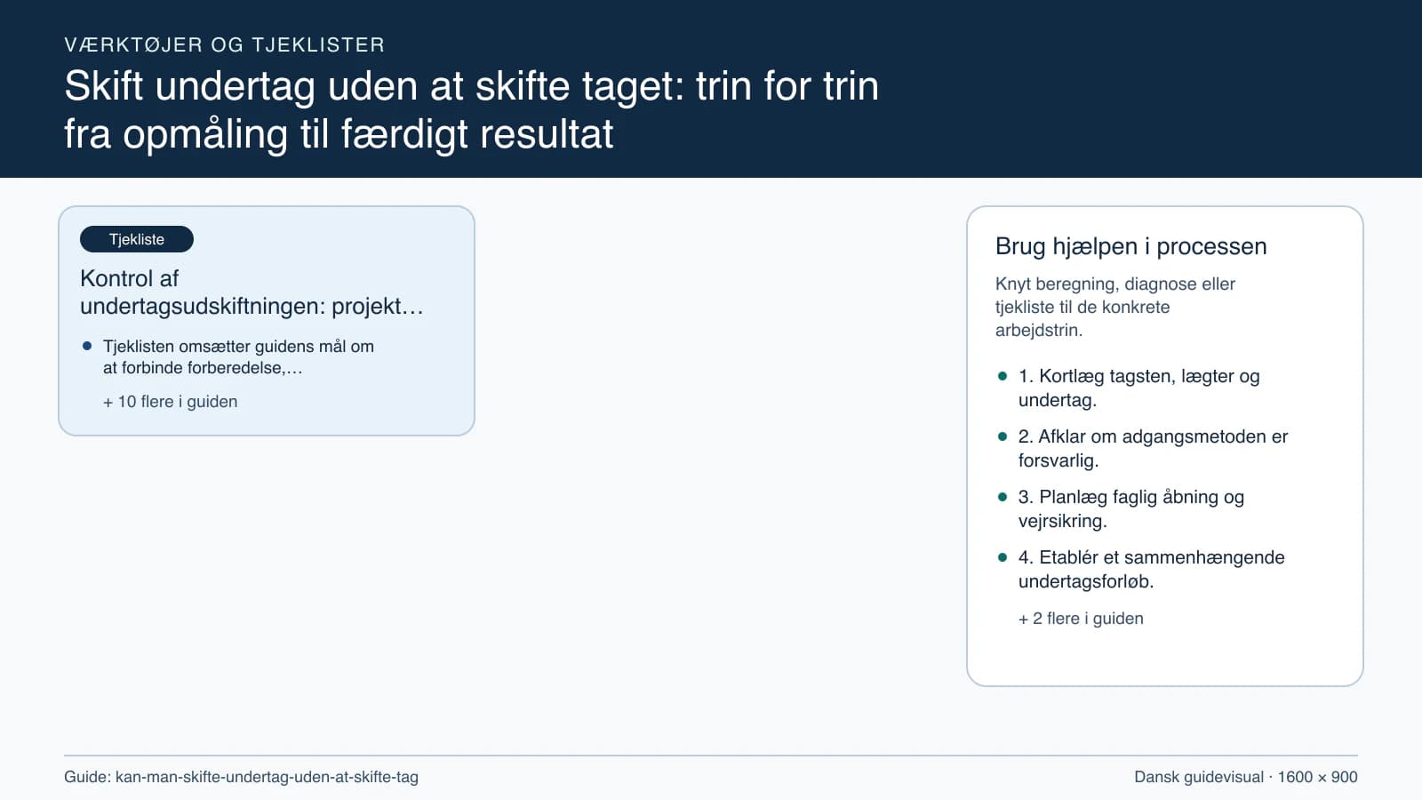 Værktøjsoversigt til “Kontrol af undertagsudskiftningen: projekt- og stopcheck”.