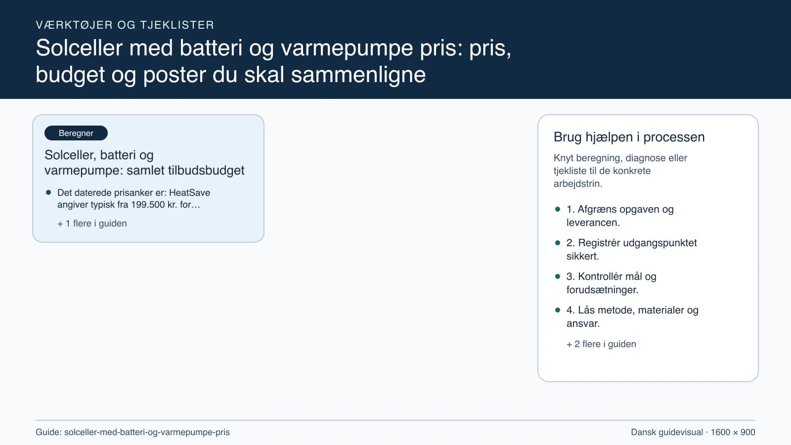 Værktøjsoversigt til “Solceller, batteri og varmepumpe: samlet tilbudsbudget”.